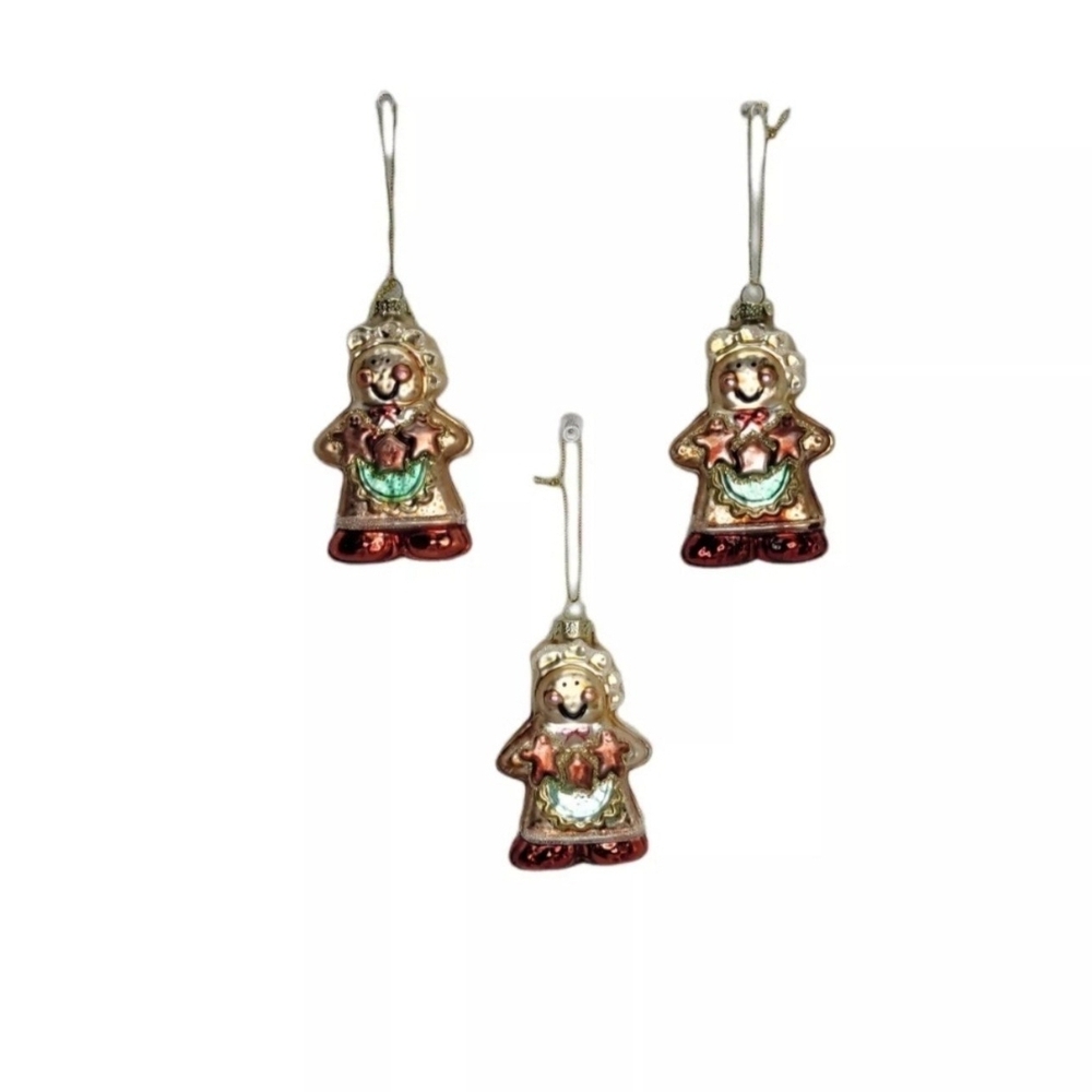 Christmas House Glass Blown Gingerbread Cookie Ornaments Set Of 3 Seasonal Decor